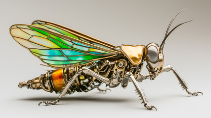 Collection of highly detailed mechanical insects built from gears and metallic parts. Futuristic steampunk-style compositions blending nature and technology into intricate robotic creatures.
