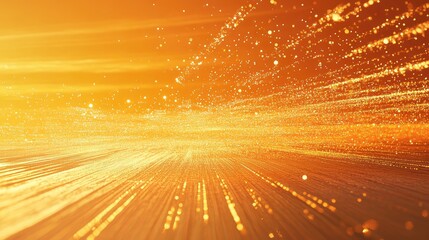 Golden glittering particles creating a dynamic abstract background, flowing from the horizon and dispersing across the frame, conveying concepts of motion, data, and digital technology