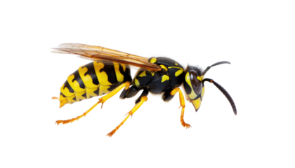 Detailed view of a striking yellow and black wasp, showcasing the insect's intricate details and formidable presence. Isolated On Transparent and White Background
