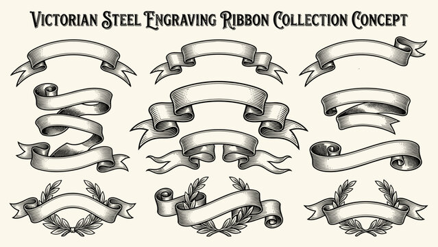 Victorian style ribbon banners engraving collection vector set