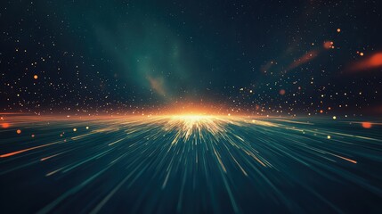 Glowing light particles radiating from a central point create a dynamic abstract background, representing data transmission, digital communication, and internet technology with high speed motion