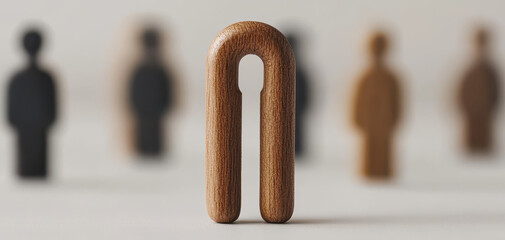 Abstract wooden shape standing in focus with blurred human figures in the background. Ideal for individuality, uniqueness, leadership, identity, diversity, and creative business visuals.