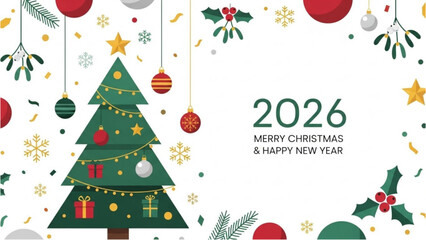 Bright festive illustration depicting a Christmas tree and winter decor, wishing a Happy New Year 2026.
