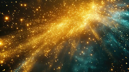 Shimmering particles creating swirling streams of light, forming an abstract cosmic dust cloud with vibrant golden and teal hues across a dark background, representing energy or a dynamic flow