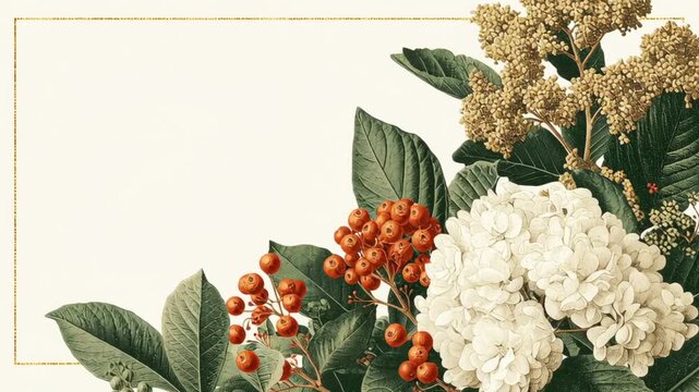 Detailed vintage botanical illustration showcases a variety of flowers and leaves, including white hydrangeas and red berries, beautifully arranged with copy space for design or text