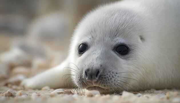 Inquisitive White Grey Seal Pup Relaxing On The Beach With Blurred Natural Background, Perfect For A Newborn Photoshoot
