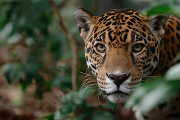 Obraz premium An intense close-up of a jaguar, its striking fur pattern harmonizing with the surrounding greenery, highlighting the beauty of wildlife in their natural habitat.
