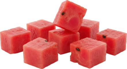 Freshly cut cubes of ripe watermelon with seeds stacked in a playful arrangement showcasing vibrant red flesh and rich green rind for a refreshing summer fruit experience