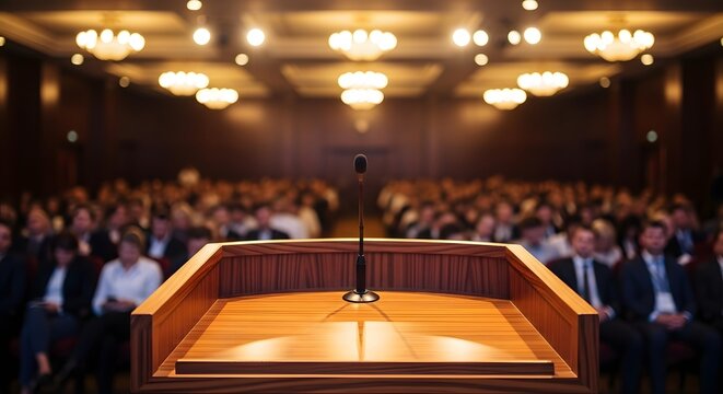 Microphone on a wooden podium facing a blurred audience in a conference hall. Public speaking and leadership presentation. View from the stage looking at a crowd of people under spotlights