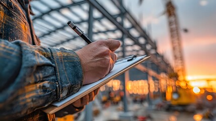 Construction manager using digital tablet at building site during golden hour sunset with crane and steel framework in background for project planning.