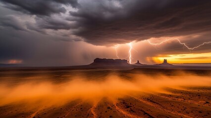 Dramatic lightning storm over a desert landscape at sunset with a dust cloud.