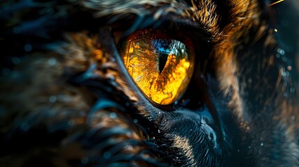 Close-up macro shot of reptile eye with golden amber iris and vertical pupil, detailed scales and textured skin, dramatic lighting for wildlife photography.