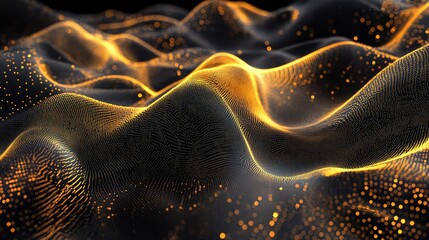 Abstract network of interconnected particles forming an undulating wave, representing advanced technology, artificial intelligence, and big data flowing across a digital landscape