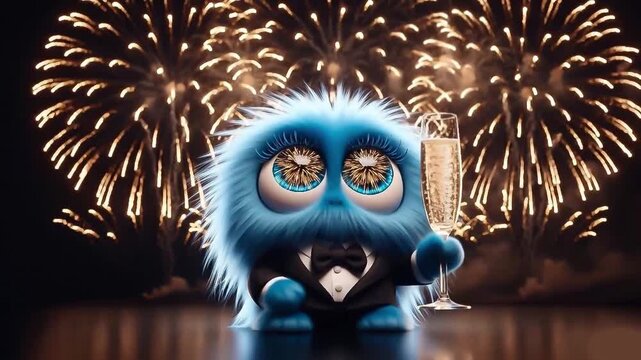 A blue little monster celebrates New Year's Eve. Dressed in a suit and holding a champagne glass, it stands in front of the fireworks in the night sky.