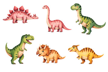 Friendly baby dinosaur watercolor characters for kids birthday party and nursery decor.