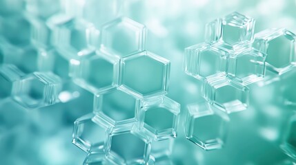 Clear translucent hexagonal glass structures form an interconnected molecular network, conveying science, technology, data and innovation on a soft teal gradient background