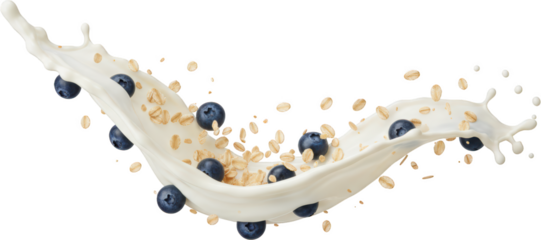Creamy milk splash with fresh blueberries and oats flying capturing a dynamic and healthy food scene celebrating nutritious ingredients in a vibrant composition