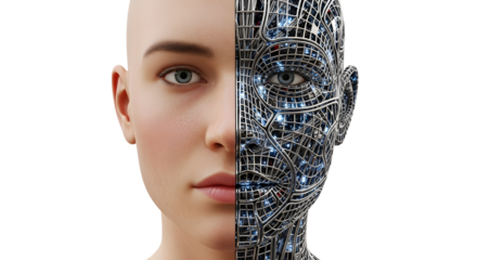 Human face merged with circuit board on transparent background symbolizing ai and technology integration isolated on transparent background