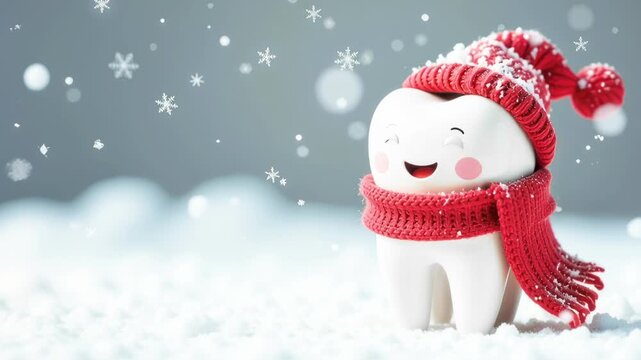 White cartoon teething ceramic toy with red scarf and hat on snow background with space for text. Falling snow. Seasonal Christmas dental promotions