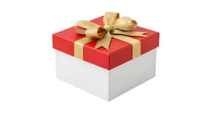 Gift box with red lid and gold ribbon isolated on transparent background