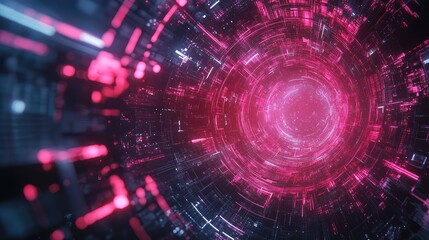 Dynamic abstract visualization of a vibrant glowing tunnel representing modern data flow, network connectivity, and future technology in a complex cyber information system