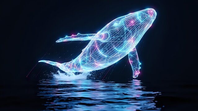 Digital whale hologram jumping from ocean water with neon blue and purple wireframe design against dark background for futuristic marine concepts.