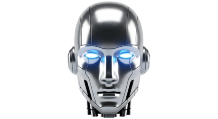Robot head with glowing blue eyes isolated on transparent background