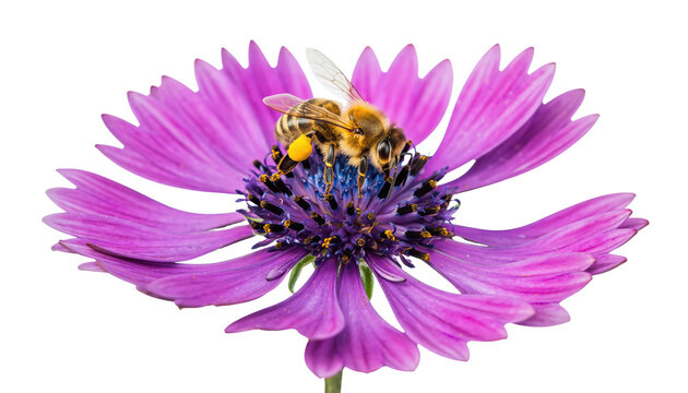 vibrant image of a bee on a purple flower capturing the beauty of nature's intricate balance. Isolated On Transparent and White Background