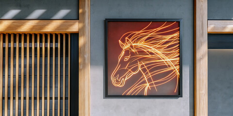 Glowing horse line art neon light modern interior wooden slat wall framed artwork warm orange minimalist design contemporary decor gallery wall soft shadow Elegant glowing horse line art energizes