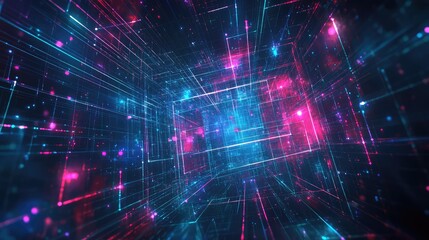 Abstract digital grid of glowing lines forming a futuristic concept of data transmission and global network connections within a dynamic cyberspace environment