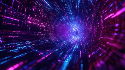 Abstract digital tunnel representing data moving through a network connection, creating a futuristic light stream effect with blue and purple neon glowing particles
