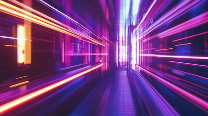 Abstract background structure showing vibrant neon light streaks moving through a futuristic tunnel, representing data flow, high speed connection, and digital information processing