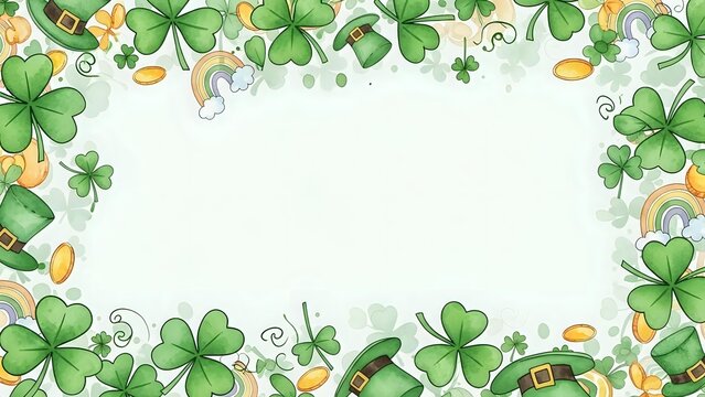 St. Patrick's Day frame with shamrocks, leprechaun hats, gold coins and horseshoes on white background for greeting cards and festive designs.
