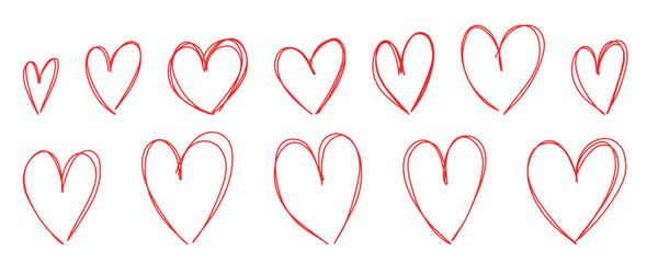 Scrawl Scribble Doodle Heart. Doodle hand drawn hearts. Sketch red marker heart. Valentine's Day set. Line art Scribble vector illustration isolated on white background..	
