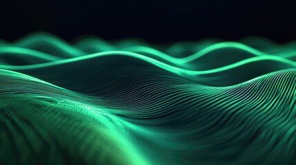 Futuristic abstract visualization showing smooth glowing green lines creating an undulating wave pattern, representing concepts of data, technology, sound, or network connections