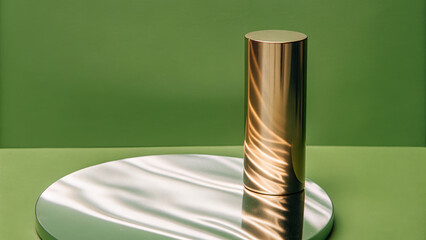Golden cylinder reflective metal green background mirror surface studio lighting minimal design luxury concept product display abstract pattern modern style calm mood
