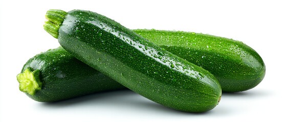 Fresh raw green zucchini with glistening water droplets isolated on a pure white background