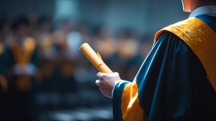 A graduate holds their rolled diploma during the university graduation ceremony