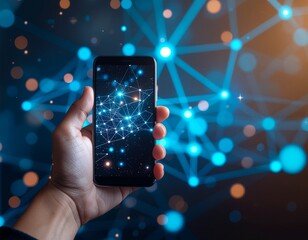 Hand holding a smartphone displaying a glowing digital network, symbolizing global communication and advanced technology in a futuristic setting of data connection and innovation