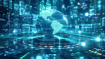 A digital globe, overlaid on data streams, floats above a futuristic circular platform, amidst a city - Powered by Adobe