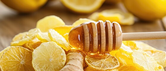 Dried lemon and ginger slices layered with golden honey showcasing a delightful natural treat on a rustic wooden surface