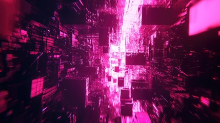 Futuristic magenta and purple network tunnel of glowing data streams, illustrating high speed information flow, big data processing, virtual reality and ai powered communication systems