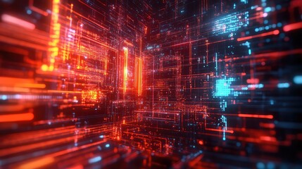 Abstract red circuit grid with glowing blue data streams and nodes flowing through a complex network, evoking ai, high tech computing, big data, connectivity and cybersecurity