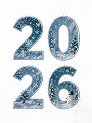 Transparent number 2026 with Santa, snowman, snowflakes, and Christmas trees.