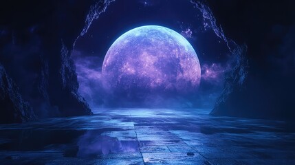 Obraz premium Distant alien planet illuminating a dark, rocky extraterrestrial landscape with a cosmic nebula, reflecting on the wet, textured ground, creating a futuristic fantasy scene