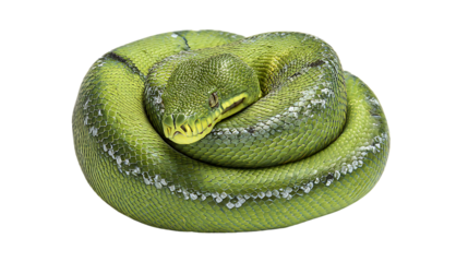 Green tree python coiled up sleeping isolated on transparent background