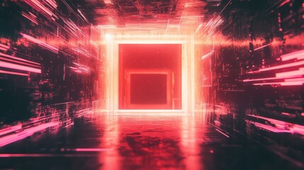 Abstract tunnel presenting a glowing square portal and dynamic data lines moving through a cyber pathway, illustrating concepts of digital transformation, ai, and future technology