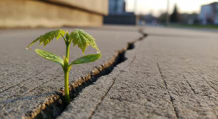 Small green seedling growing through large crack in hard concrete pavement surface