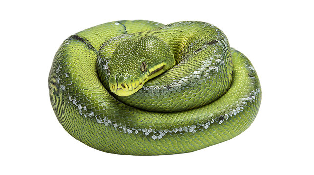 Green tree python coiled up sleeping isolated on transparent background