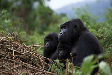 Naklejka premium A heartwarming scene of a family of gorillas sharing intimate moments in their natural habitat, showcasing their strong familial bonds and connection to nature.